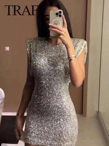 TRAF Women's Trendy Silvery Sequins Mini Dress Vintage Sleeveless Solid Slim Short Chic Sexy Party Vestidos Dress 2024 Summer