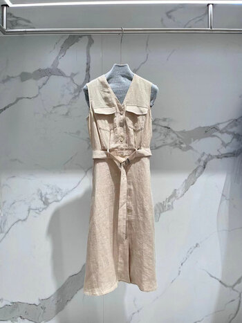 Spring/Summer New Heavy Industry Bead Chain V-Neck Linen Belt Sleeveless Dress Single breasted Women's Long Dress