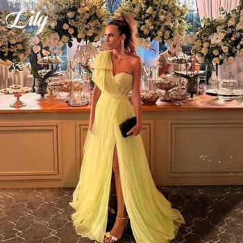 Lily Yellow One-Shoulder Prom Dress Sweetheart Long Pleat Boned Evening Dress High Split Elegant vestido Formal Party Gown
