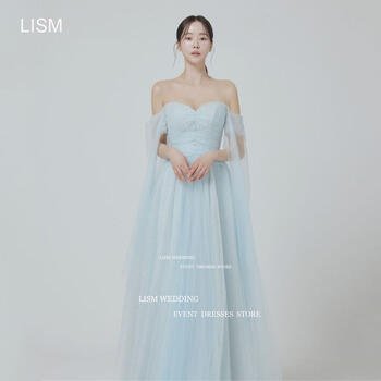 LISM Sweetheart Sky Blue Korea A Line Evening Dresses Off Shoulder Wedding Photo Shoot Formal Occasion Gown Backless Party Dress