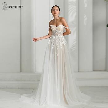 BEPEITHY Sweetheart A Line Boho Lace Wedding Dresses 2024 Champagne Beach Romantic Bride Bridal Gown Vestidos De Novia