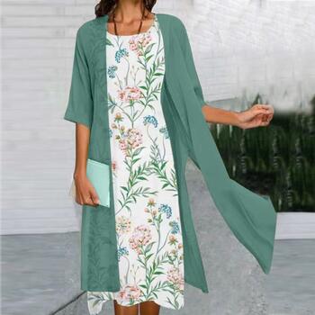 Women's Casual Dress Elegant Crew Neck Slim Floral Printed Dress Two Piece Sets Chiffon Jacket Short Sleeve MIDI Dresses Summer
