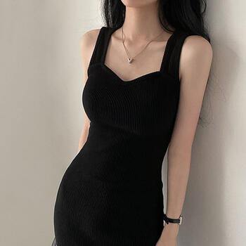 Korean Slim Black Long Dress for Women Elegant Temperament Sleeveless Split Dresses Summer Spaghetti Strap Office Lady Vestidos