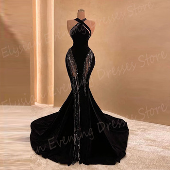 2024 Classic Sexy Black Women's Mermaid Modern Evening Dresses Vintage Halter Neck Prom Gowns Beaded Vestidos De Noche Elegantes