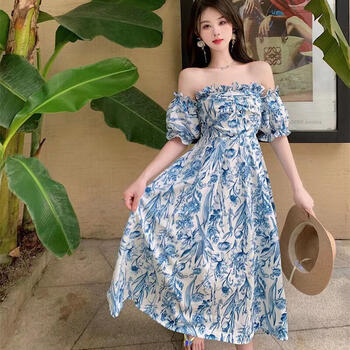 French Floral Robe Dress With Square Womens Clothing Collar Puffed Sleeves And Fishbone Skirt Formal Occasion Dresses For Women