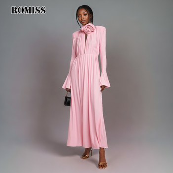 ROMISS Solid Patchwork Appliques Dresses For Women Half High Collar Flare Sleeve High Waist Elegant Long Dress Female Fashion