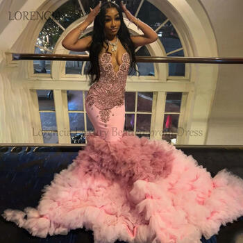 Pink Long Mermaid Prom Dresses Black Girls Sparkly 2024 Sleeveless Crystals Ruffles Evening Party Gowns Formal vestidos de gala