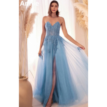 Annie Light Blue Prom Dresses Embroidery Glitter Sexy Side Slit Evening Dresses Women's Formal Occasions Wedding Party Dress