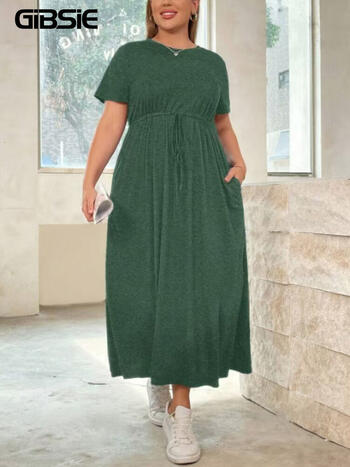 GIBSIE Plus Size Solid Knot Front O-Neck Women's Dress 2024 New Summer Pockets Casual Black Green Short Sleeved Maxi Dresses