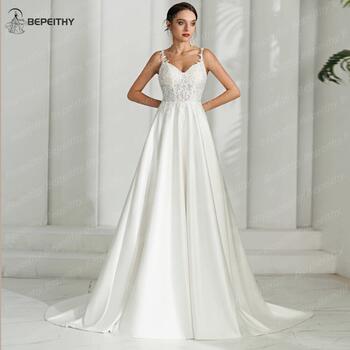 BEPEITHY V Neck Ivory Wedding Dresses Sleeveless Classic Lace Bodice Beach Bridal Boho Gown Sweep Train Vestidos De Novias