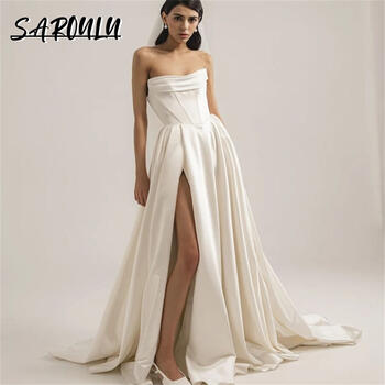 Elegant Simple Satin Wedding Dress Corset Side Slit Women's Bride Dresses Strapless Custom Made High Quality Bridal Gown