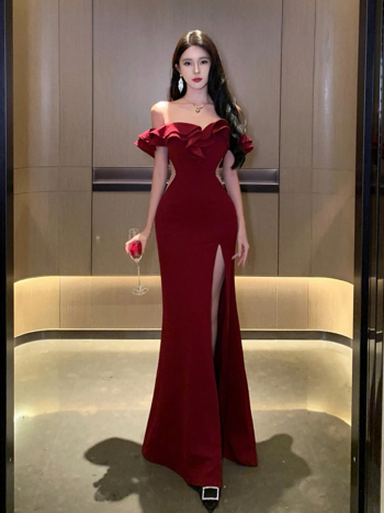 2024 Summer Red Sexy Club Backless High Split Ruffles Wrapped Hip Dress Elegant Luxury Off Shoulder Party Evening Dresses Women