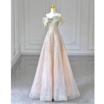 Pink Sequins Evening Dress For Banquet 2024 New Elegant Prom Dress Off The Shoulder With Big Bow Birthday Party Dress Vestidos
