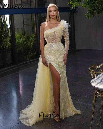 New Fashion Yellow One Shoulder Prom Dress Custom Made Split Side Evening Gowns Robes Du Soir Dubai Sequins Evening Dresses 2024