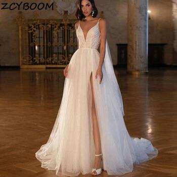 Sexy Spaghetti Strap V-Neck Backless High Slit Tulle Wedding Dresses For Women 2024 Sweep Train Bridal Gowns Vestidos De Novia