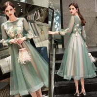 Cocktail Dress Green Floral Appliques O-neck 3/4 Sleees Lace up Robe A-Line Knee-Length Plus size Women Party Formal Gown E773