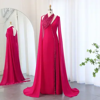 Turquoise Red Chiffon Dubai Evening Dress with Cape Sleeves Fuchsia Lilac Arabic Women Wedding Party Gowns