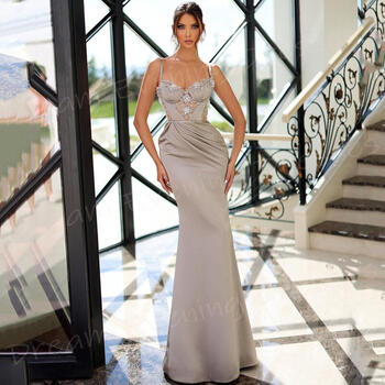 Gorgeous Elegant Mermaid Fashionable Women's Evening Dresses Charming Spaghetti Strap Beaded Prom Gowns Sleeveless Abiye Elbise