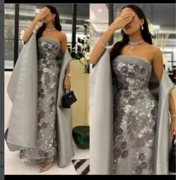 Giyu Luxury Arabic Women Formal Evening Dresses Two Pieces Grey Lace Satin Prom Dress Special Occasion Dress Custom made