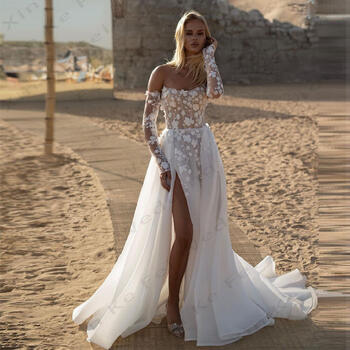2024 Bohemian Women's Wedding Dresses A-Line Sexy Off Shoulder Lace 3D Decal Princess Bridal Gowns Formal Beach Party Vestido De