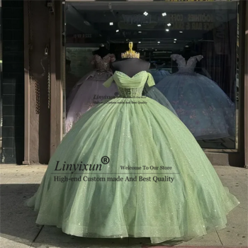 Sweet Sage Green Luxury Quinceanera Dresses Off The Shoulder Green Ball Gown Prom Dress Vestidos De 15 Anos Quinceaneras