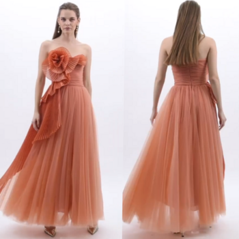 Matching Tulle Flower Pleat A-line Strapless Midi Dresses Homecoming Dresses Pastrol Modern Style Exquisite Classic Simple