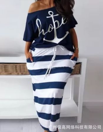Plus Size Two Piece Dress Sets Womens 2024 Off Shoulder Letter Print Striped Summer Tops+Striped Long Skirt Matching Outfit