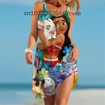 Women Moana princess Dress Summer Disney Sleeveless Button 2024 Midi Dress Female Sexy 3D Print Dresses