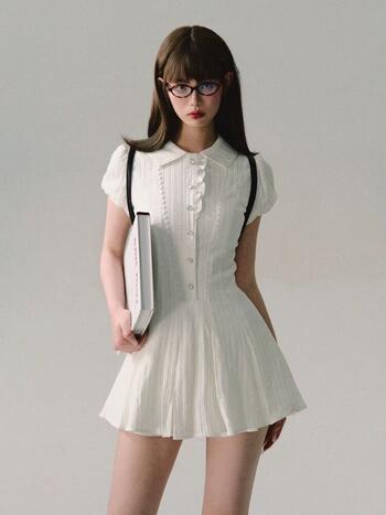 QWEEK Coquette Y2k Kawaii White Mini Dress Sweet Girls Preppy Style School Student Puff Sleeve Short Dresses 2024 Fashion Summer