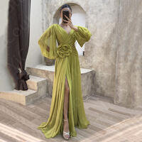 Summer Boho Olive Green Prom Dresses Long Sleeves Beach Homecoming Gowns Thigh Slit V Neckline Chiffon Wedding Party Dress 2024