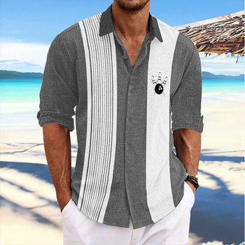 Fashionable 2024 Summer Hawaiian Shirts Bowling Retro Stripe Pattern Long Sleeve Men Lapel Shirts Vacation Men's Dress Shirts
