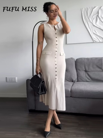 Elegant Knitted Long Dresses Women Slim O Neck Sleeveless Single Breasted Fake Pockets Dress 2024 New Fashion Office Lade Robe
