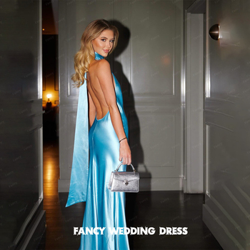 Fancy Sexy Halter Blue Evening Dress Backless Sleeveless Silk Satin Floor Length Prom Gown Custom Made Birthday Party Dresses