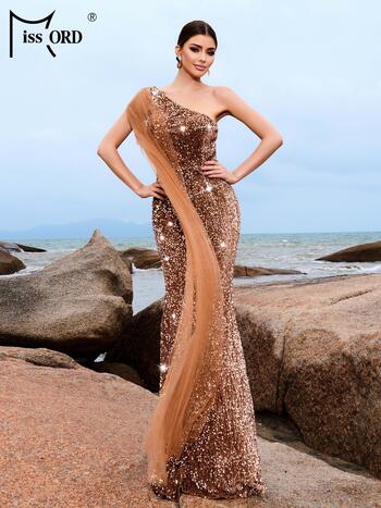 Missord 2024 One Shoulder Sequin Mermaid Evening Formal Occasion Mesh Draped Dresses