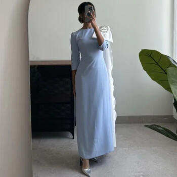 Flechazo Light Blue Scoop Neck Evening Dress Straight Ankle Length Three Quarter with Bow Women Wedding Party Custom Gowns