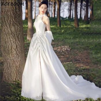 Elegant Halter Satin Sleeveless Appliques Backless Wedding Dresses For Women 2024 Sweep Train Bridal Gowns Vestidos De Novia