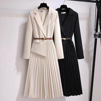 Fake Two-piece Dresses 2023 Autumn Women Elegant Vintage Dress Suit Collar Waist Up Pleated Skirt Fashion Patchwork Long Dresses