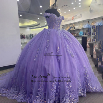 Sweet Purple Beading Quinceanera Dresses Mexican Appliques Flowers Ball Gowns With Cape Lace Up A-Line Puffy Vestidos De XV