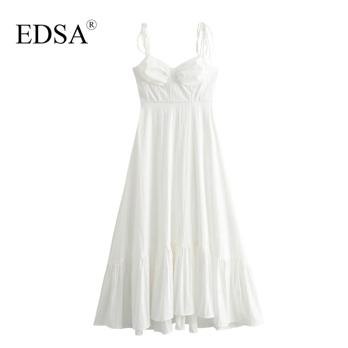 EDSA Women Elegant White Ruffled Poplin Midi Dress 2024 Summer Sweetheart Necline Adjustable Straps A-Line Long Dresses Holiday