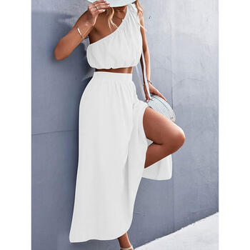 2024 Summer Ladies Sexy Slant Shoulder Short Top + Dress Solid Colour Two Piece Women's Set Evening Party Hot Selling Prom Set