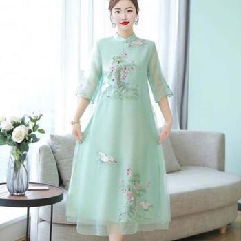 Lady Qipao Chinese Retro Style Ethnic Embroidered Qipao Dress Elegant Double-layered Midi for Party Banquet Formal Occasions