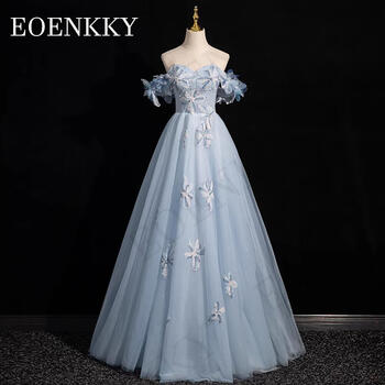 3D Flowers Off Shoulder Prom Dress Blue Sparkly Luxury Pearls Floral Appliques Graduation Party Dresses Tulle robes de soirée