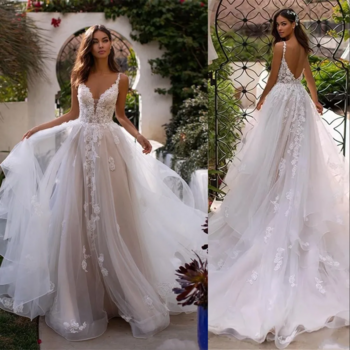 2024 Sexy Bohemian Country Beach A Line Wedding Dresses Spaghetti Straps Lace Appliques Bridal Gowns Tulle Backless فستان الزفاف
