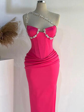 2024 New Women's Rose Ball Dress Diamond Evening Dress Red Carpet One Shoulder Bandage Celebrity Formal Party Dress