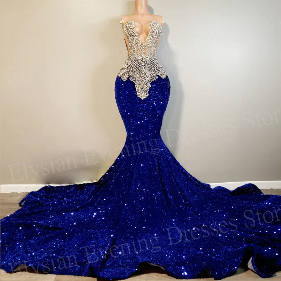Charming Exquisite Blue Women's Mermaid Modern Evening Dresses Crystals Sequined Prom Gowns Shiny Vestidos De Noche Elegantes