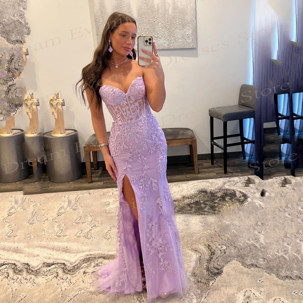 Purple Strapless Mermaid Temperamental Evening Dresses Sexy Sleeveless Lace Up Prom Gowns With Appliques Abiye Elbise For Women