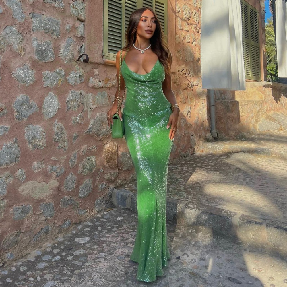 Green Sequins Long Dress Women Sexy Backless Slim Evening Party Dresses Summer Fashion Spaghetti Strap Holiday Beach Dress 2024