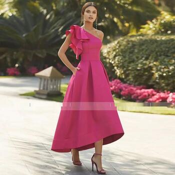 Hot Pink Prom Dress Asymmetrical One Shoulder A Line Satin Gowns with Pockets Hihg-Low Ruffle Women's Party Dresses 2024