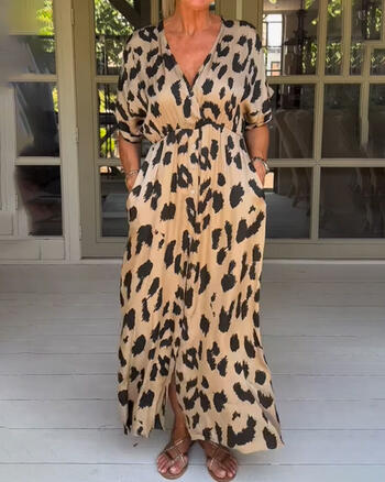 Leopard Dress Women V Neck V-neck Front Split Elegant Dresses 2024 Spring Summer High Waist Long Sleeve Holiday Clothes