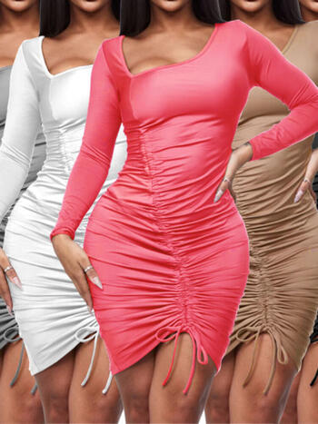 Sexy Drawstring Shirring Slim Bodycon Dress Women Solid Color Long Sleeved Skinny Evening Dress Club Party Vestidos